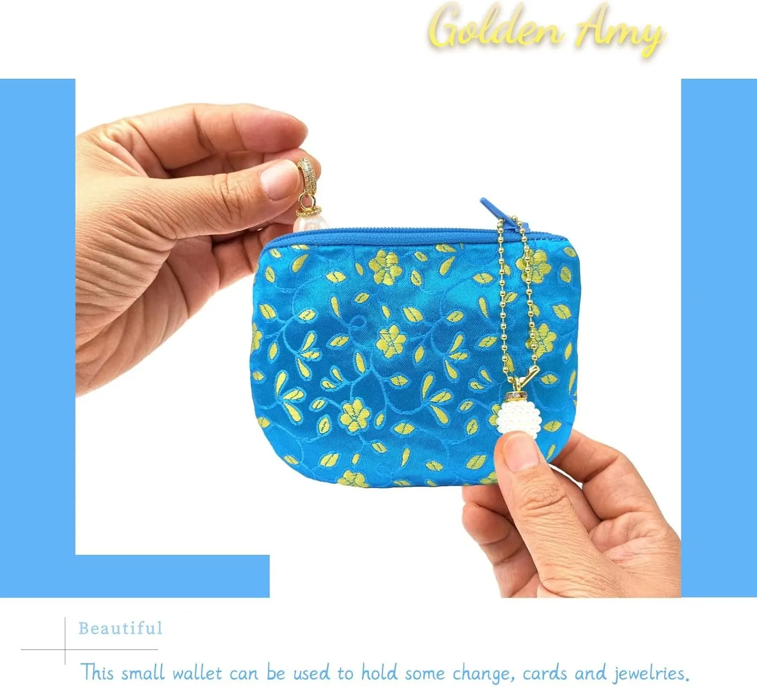 Handmade Coin Purse Brocade Zipper Wallet Rosary Pouch Women Silk Jewelry Bag - Blue