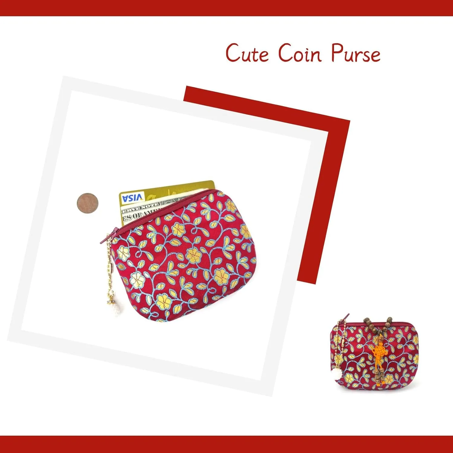 Handmade Coin Purse Brocade Zipper Wallet Rosary Pouch Women Silk Jewelry Bag - Crimson