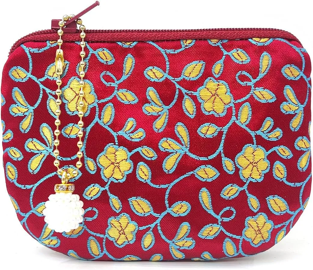 Handmade Coin Purse Brocade Zipper Wallet Rosary Pouch Women Silk Jewelry Bag - Crimson
