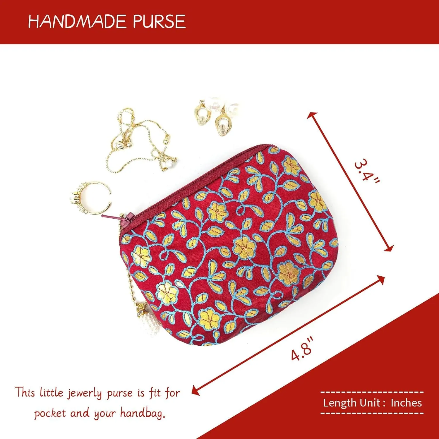 Handmade Coin Purse Brocade Zipper Wallet Rosary Pouch Women Silk Jewelry Bag - Crimson