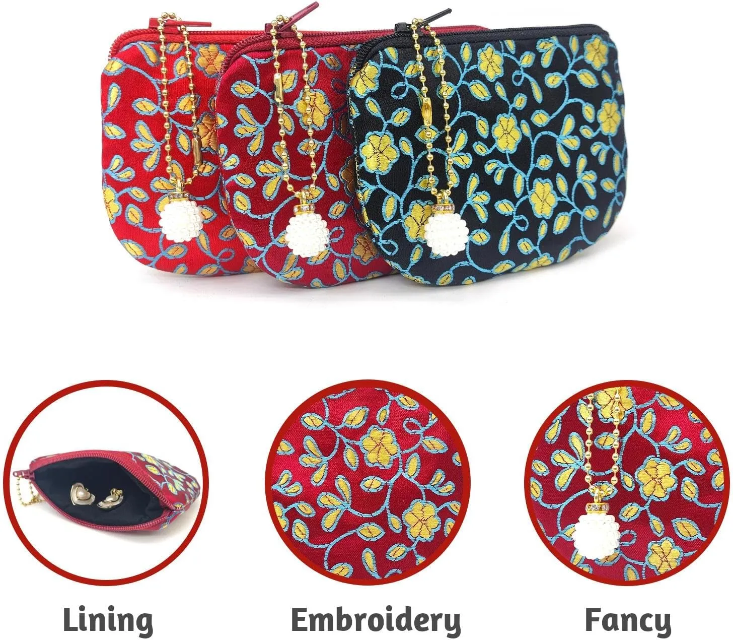 Handmade Coin Purse Brocade Zipper Wallet Rosary Pouch Women Silk Jewelry Bag - Crimson