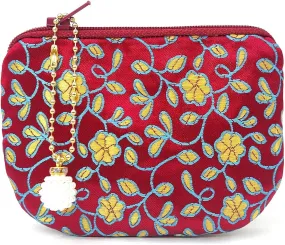 Handmade Coin Purse Brocade Zipper Wallet Rosary Pouch Women Silk Jewelry Bag - Crimson