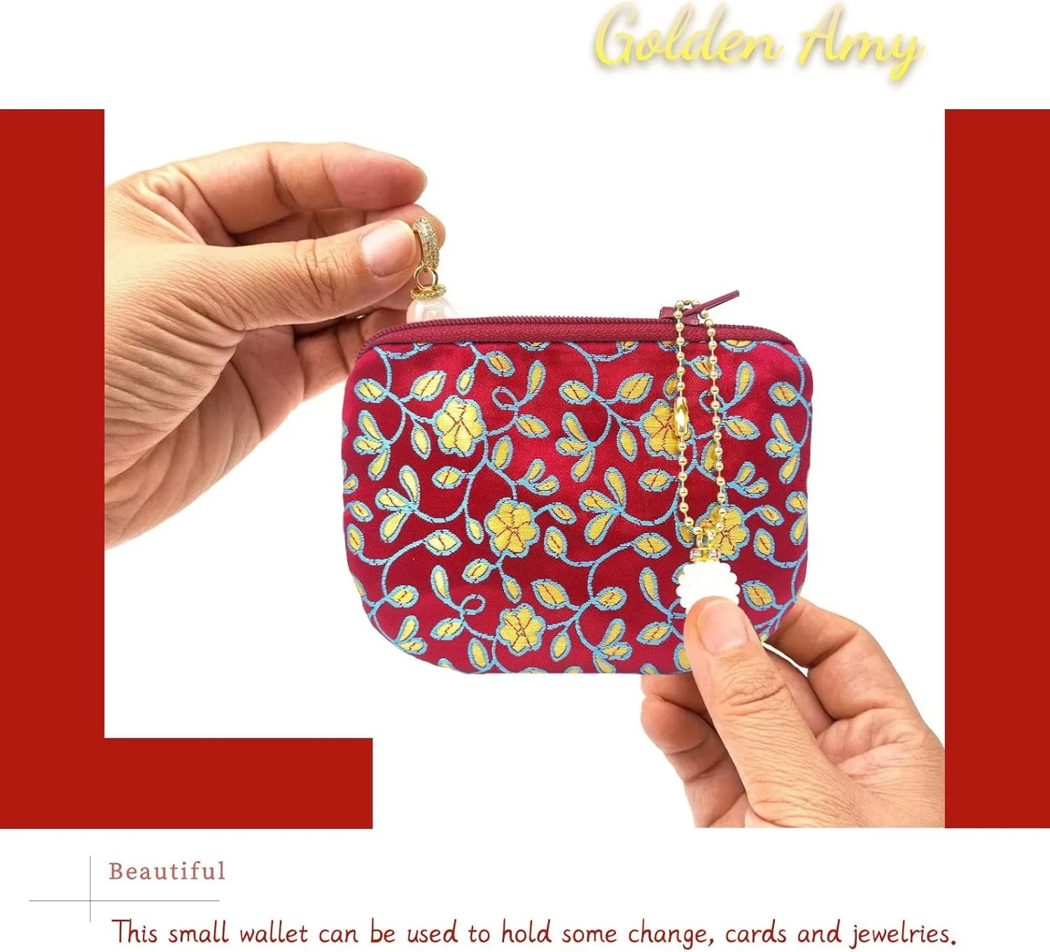 Handmade Coin Purse Brocade Zipper Wallet Rosary Pouch Women Silk Jewelry Bag - Crimson