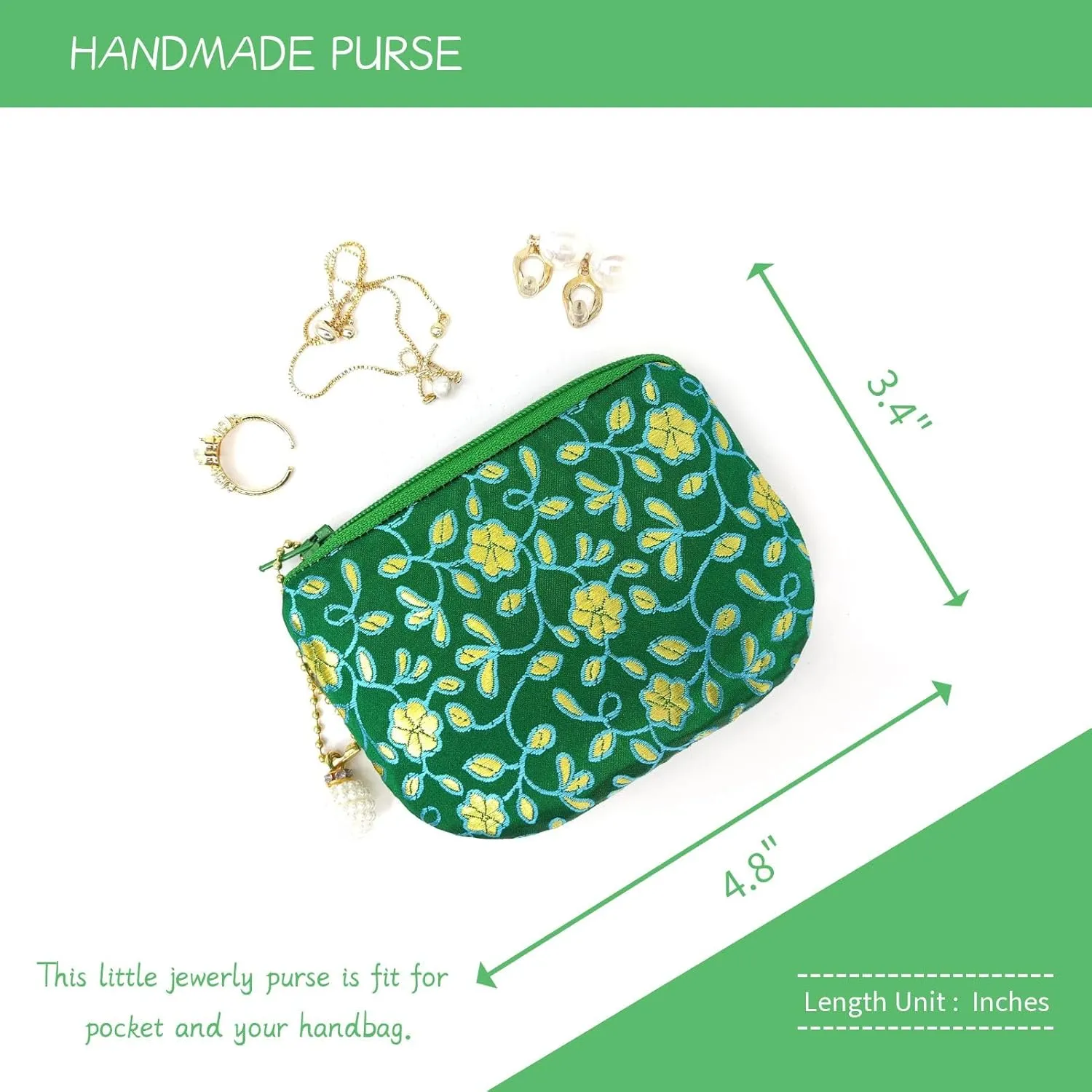 Handmade Coin Purse Brocade Zipper Wallet Rosary Pouch Women Silk Jewelry Bag - Green