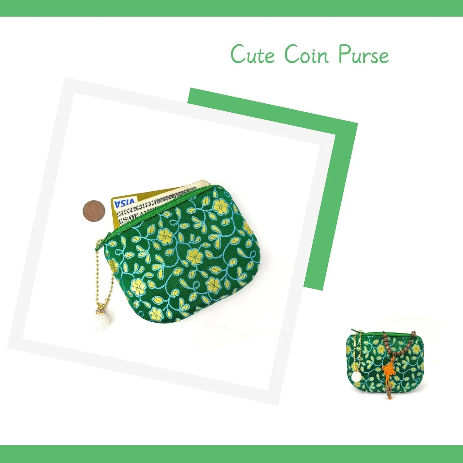 Handmade Coin Purse Brocade Zipper Wallet Rosary Pouch Women Silk Jewelry Bag - Green