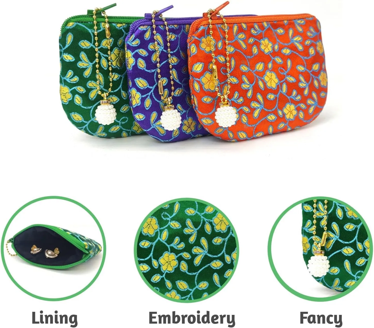 Handmade Coin Purse Brocade Zipper Wallet Rosary Pouch Women Silk Jewelry Bag - Green