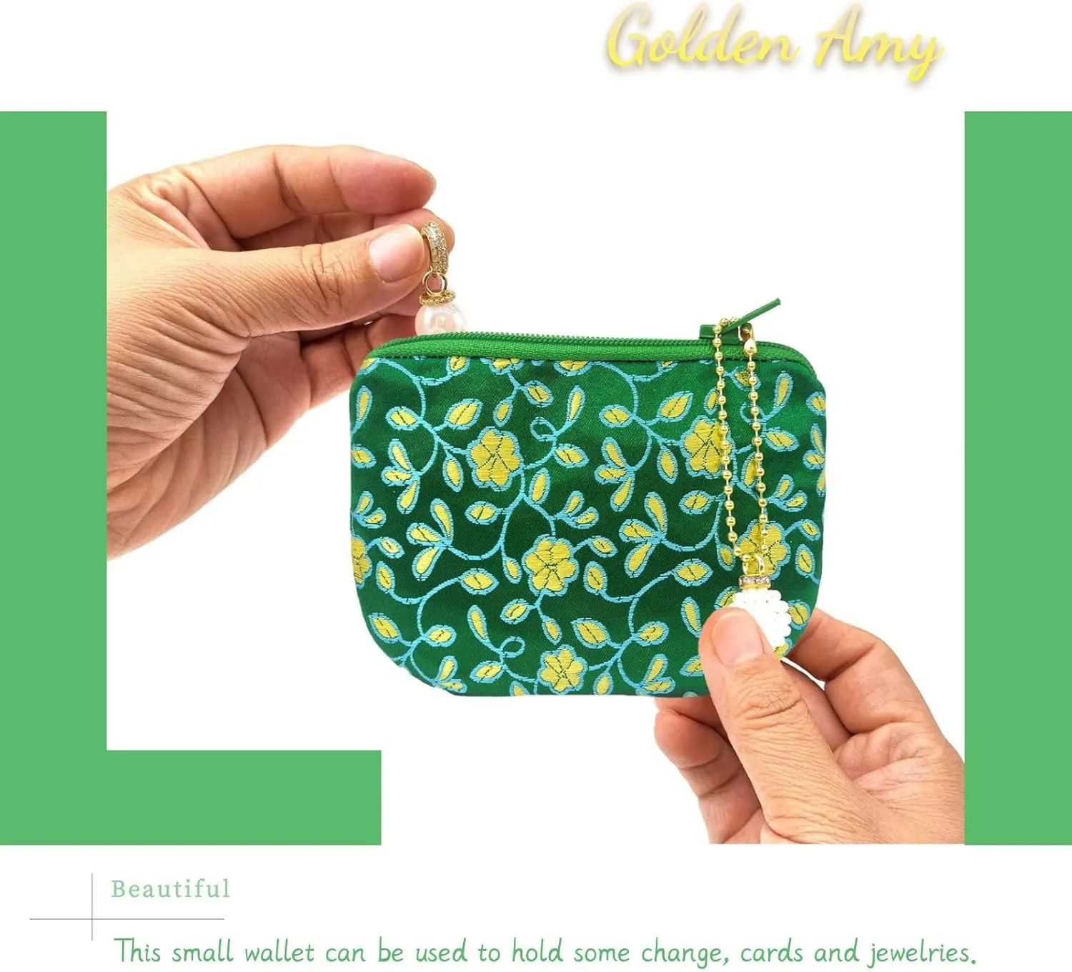 Handmade Coin Purse Brocade Zipper Wallet Rosary Pouch Women Silk Jewelry Bag - Green