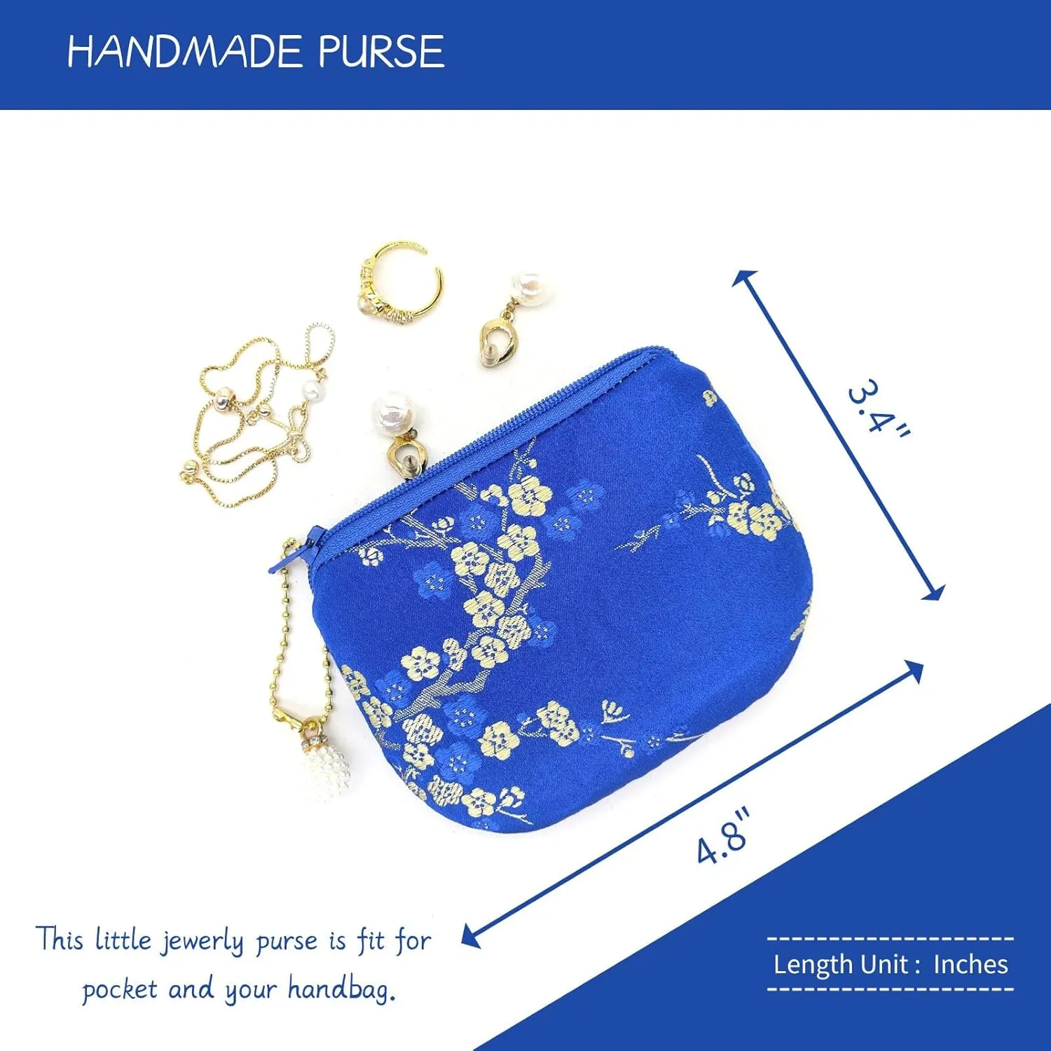 Handmade Women Coin Purse Brocade Rosary Bag Silk Jewelry Pouch Zipper Wallet - Blue