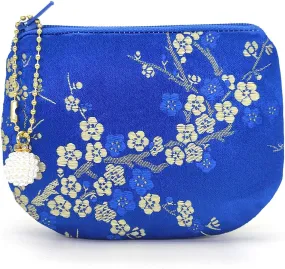 Handmade Women Coin Purse Brocade Rosary Bag Silk Jewelry Pouch Zipper Wallet - Blue
