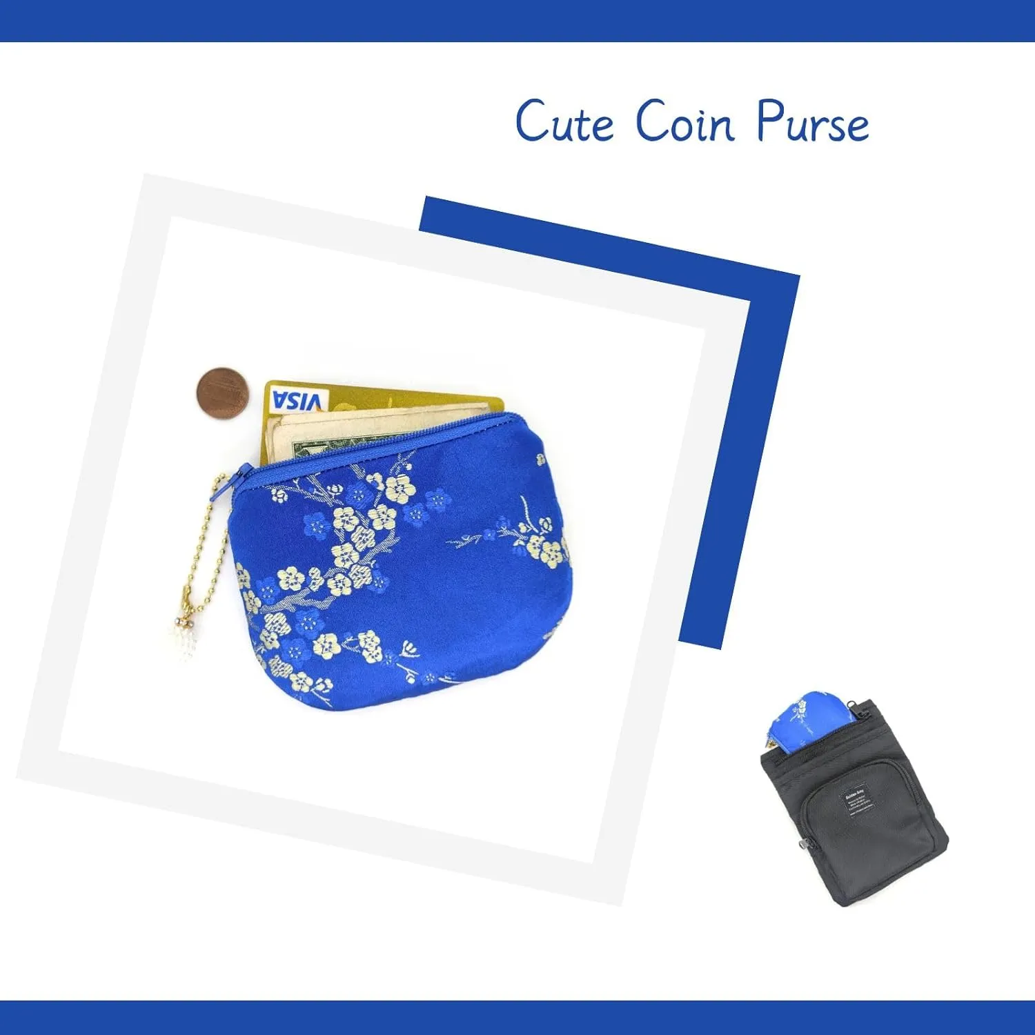 Handmade Women Coin Purse Brocade Rosary Bag Silk Jewelry Pouch Zipper Wallet - Blue