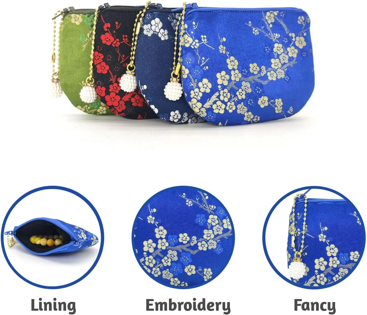 Handmade Women Coin Purse Brocade Rosary Bag Silk Jewelry Pouch Zipper Wallet - Blue