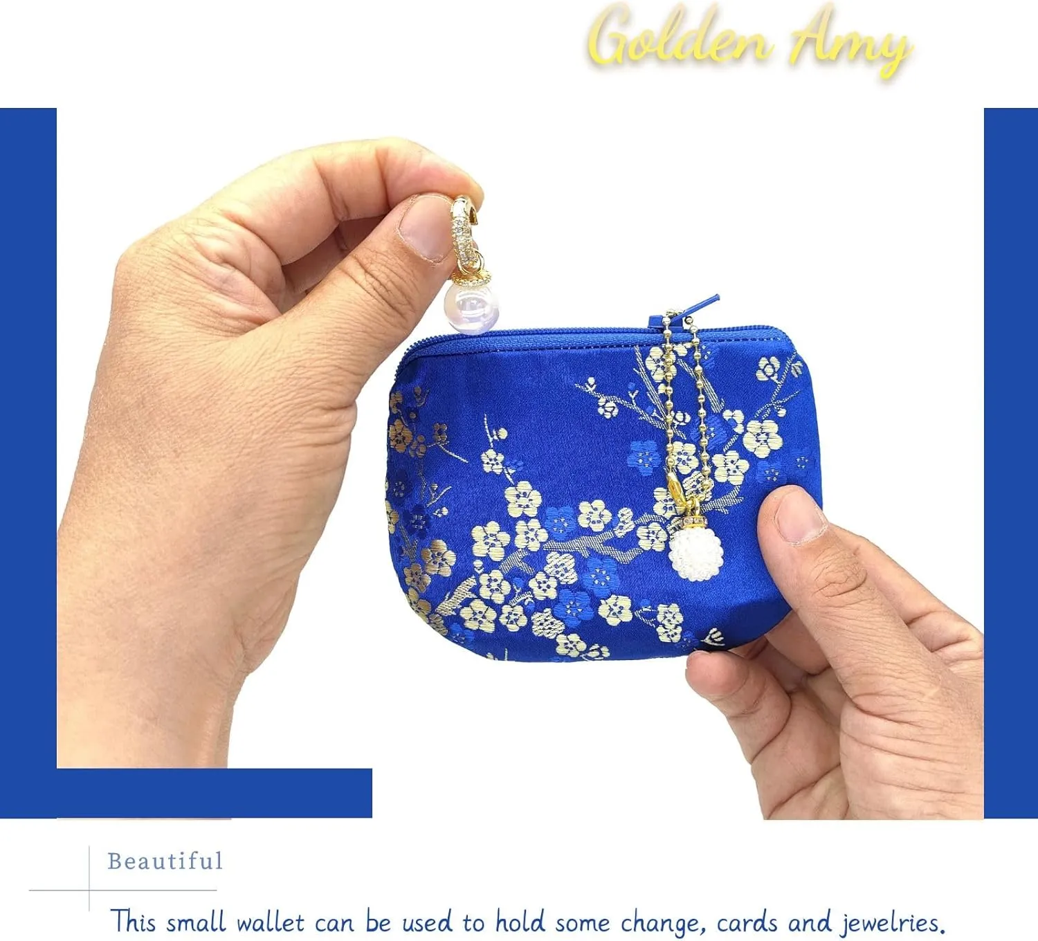 Handmade Women Coin Purse Brocade Rosary Bag Silk Jewelry Pouch Zipper Wallet - Blue