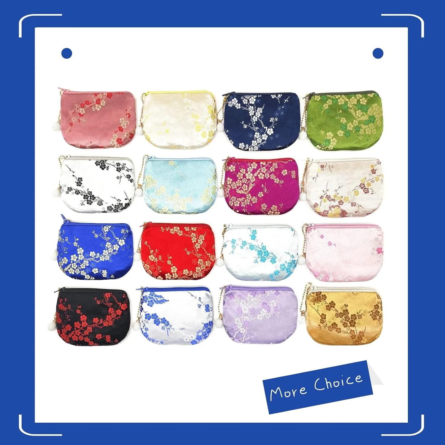 Handmade Women Coin Purse Brocade Rosary Bag Silk Jewelry Pouch Zipper Wallet - Blue