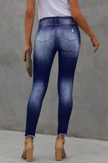 High Waist Button Front Frayed Ankle Jeans