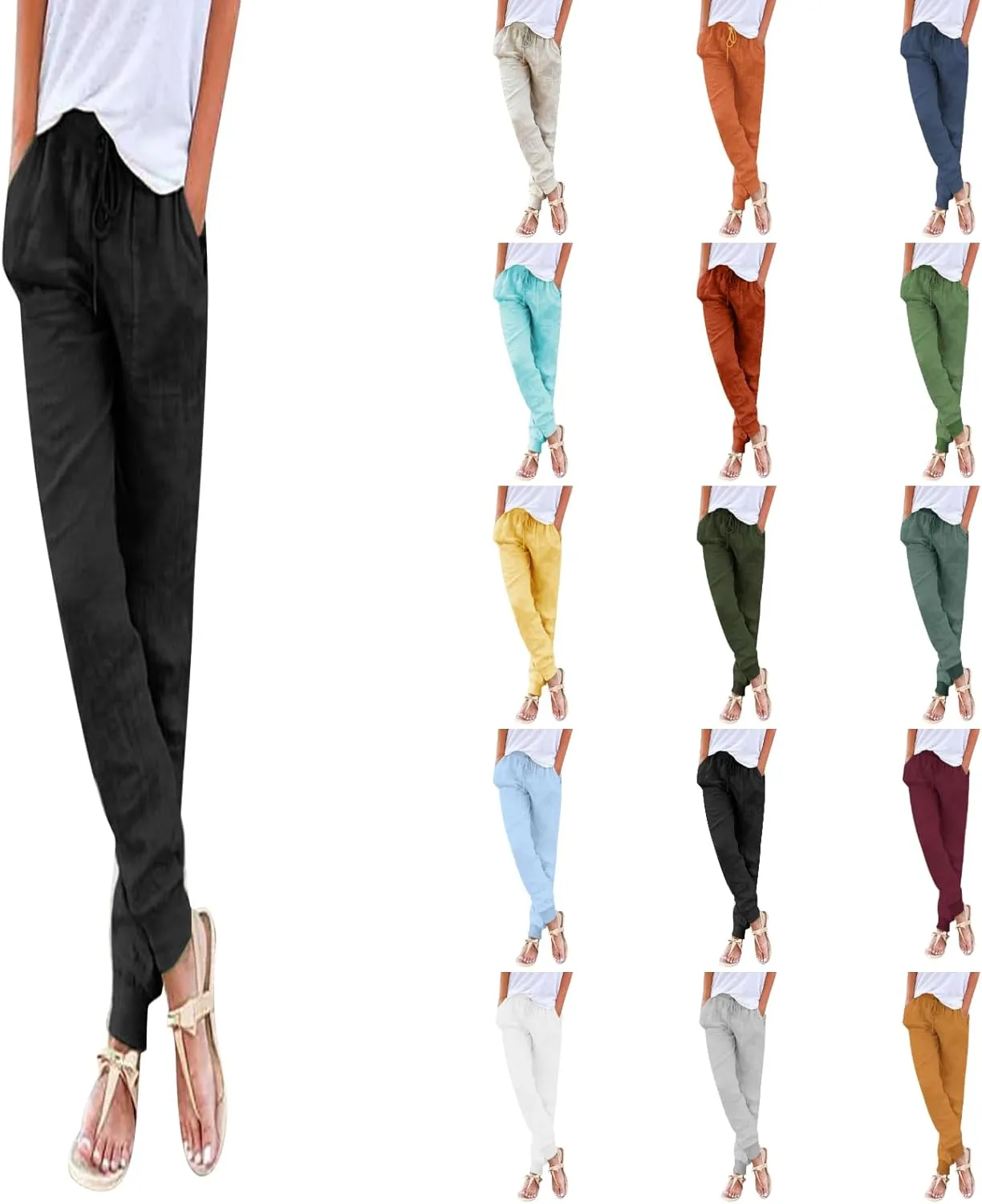JiXiang Trousers for Women Summer Casual Drawstring Back Elastic Waist Linen Loose Fit Joggy Yoga Tapered Pants with Pockets