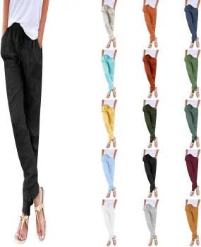 JiXiang Trousers for Women Summer Casual Drawstring Back Elastic Waist Linen Loose Fit Joggy Yoga Tapered Pants with Pockets