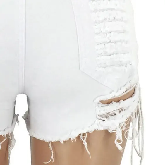 Lace Up Jean Shorts With Holes Faded Stretch Denim Daisy Dukes Classic Five Pocket Destroyed High Waist Ripped Short Jeans Available In Blue Black White Or Dark Red Small Medium Large XL And Plus Size 2X XXL And 3X XXXL