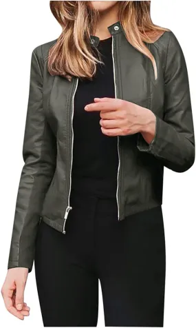 LCMTWX Womens Faux Leather Long Sleeve Jackets Collar Long Sleeve Outwear Cool Slim Jacket Coat for Plus Size Moto Biker