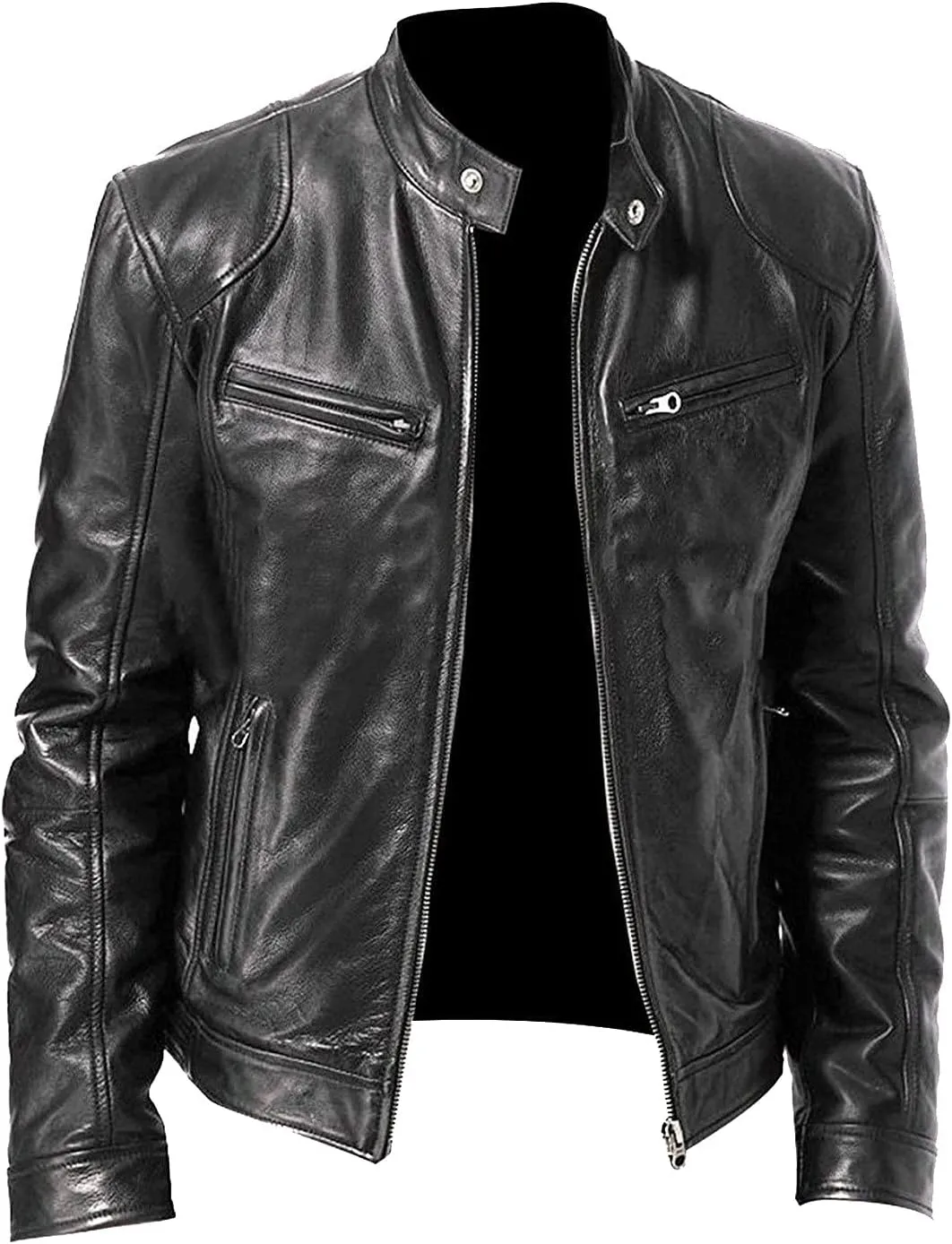 Leather Jacket Men Stylish Zipper Stand Collar Jackets Faux Leather Motocycle Coats Fashion Cool Outwear With Pockets