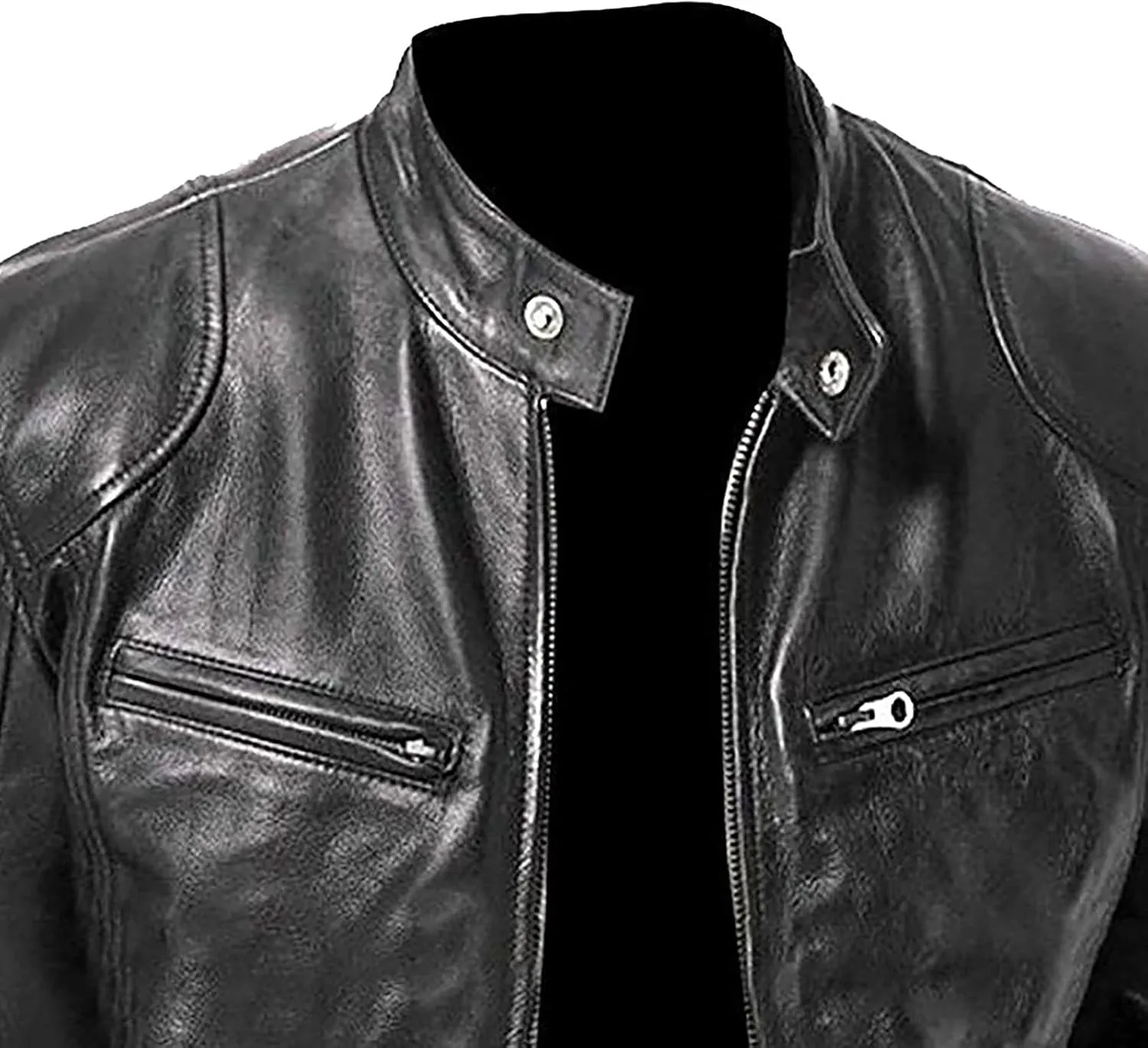 Leather Jacket Men Stylish Zipper Stand Collar Jackets Faux Leather Motocycle Coats Fashion Cool Outwear With Pockets