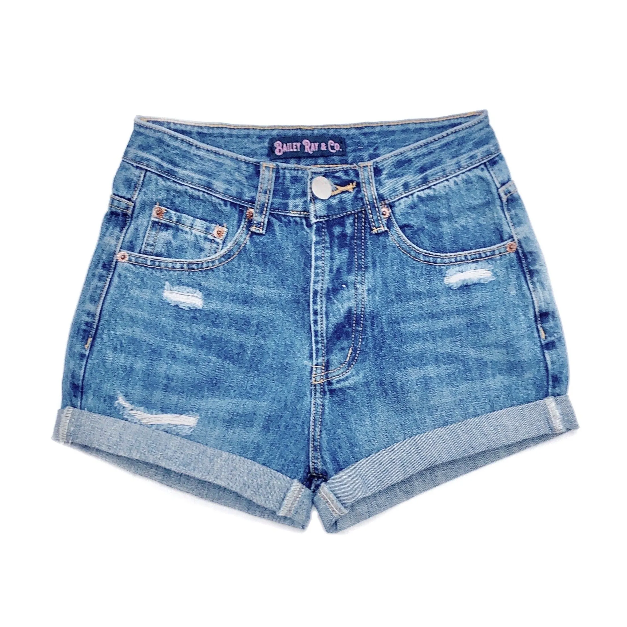 Lightly Distressed High Waisted Denim Shorts  - The Evelyn