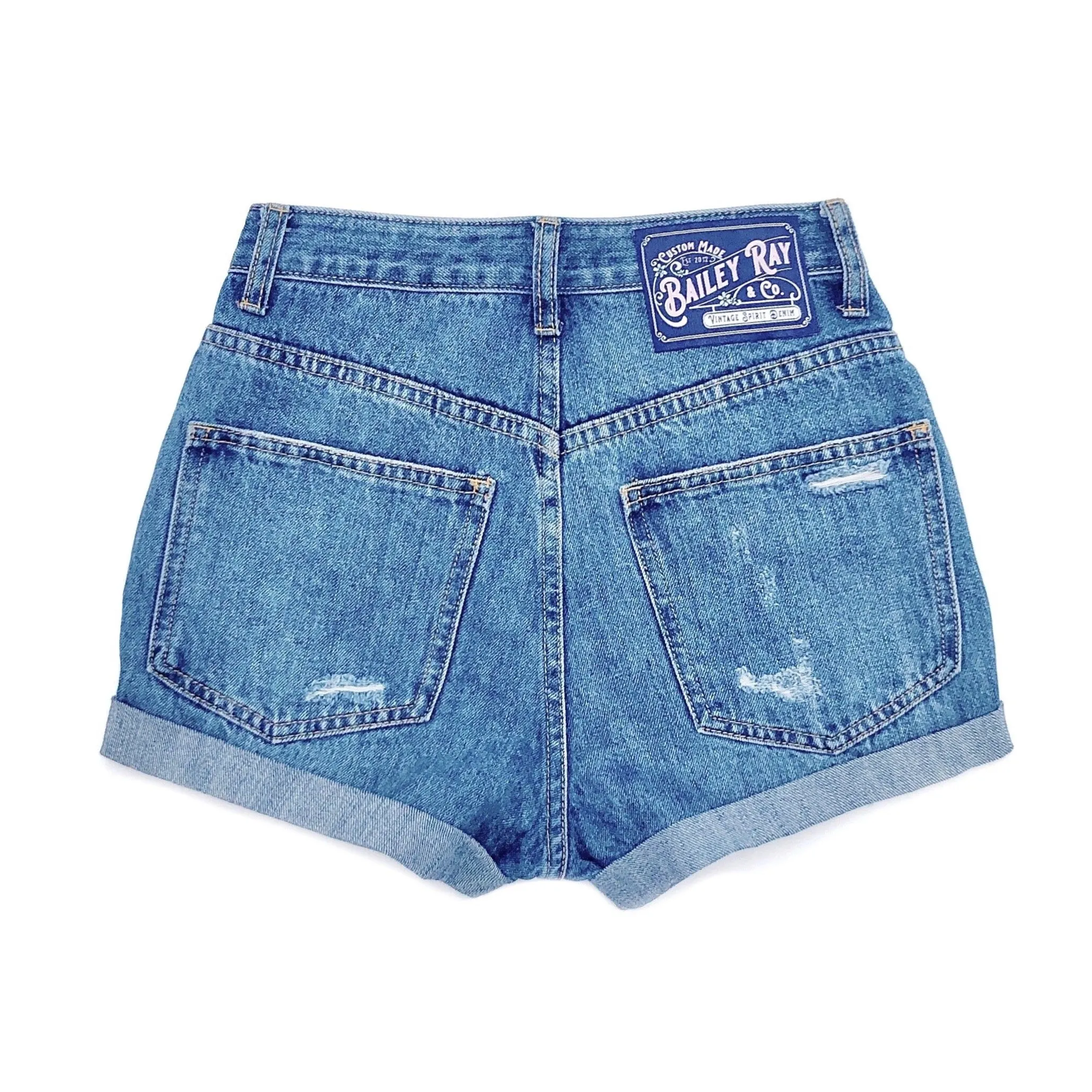 Lightly Distressed High Waisted Denim Shorts  - The Evelyn