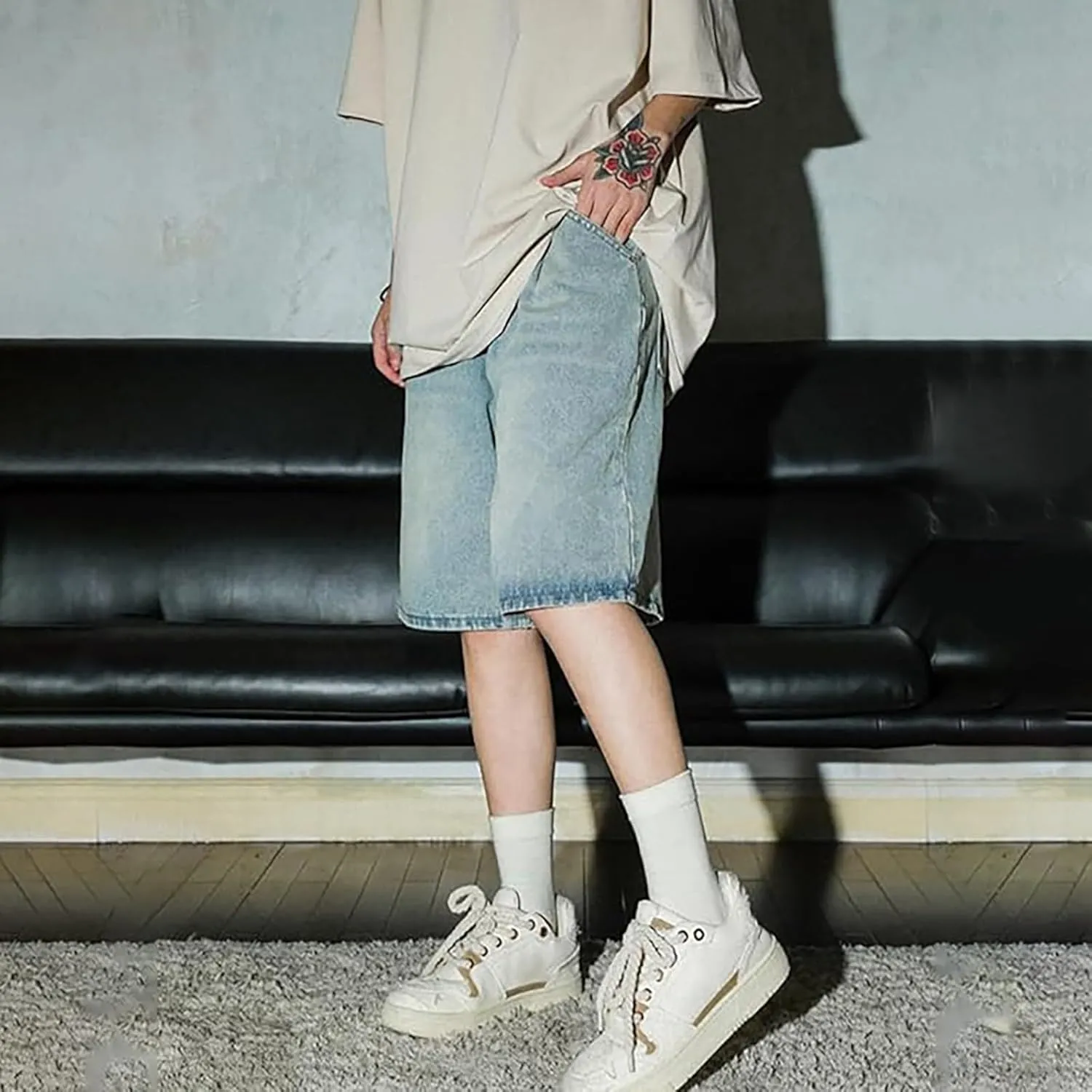 Men's Baggy Jeans Shorts Y2K Wide Leg Loose Hip-Hop Denim Shorts High Waisted Casual Fashion Jorts Streetwear with Pockets