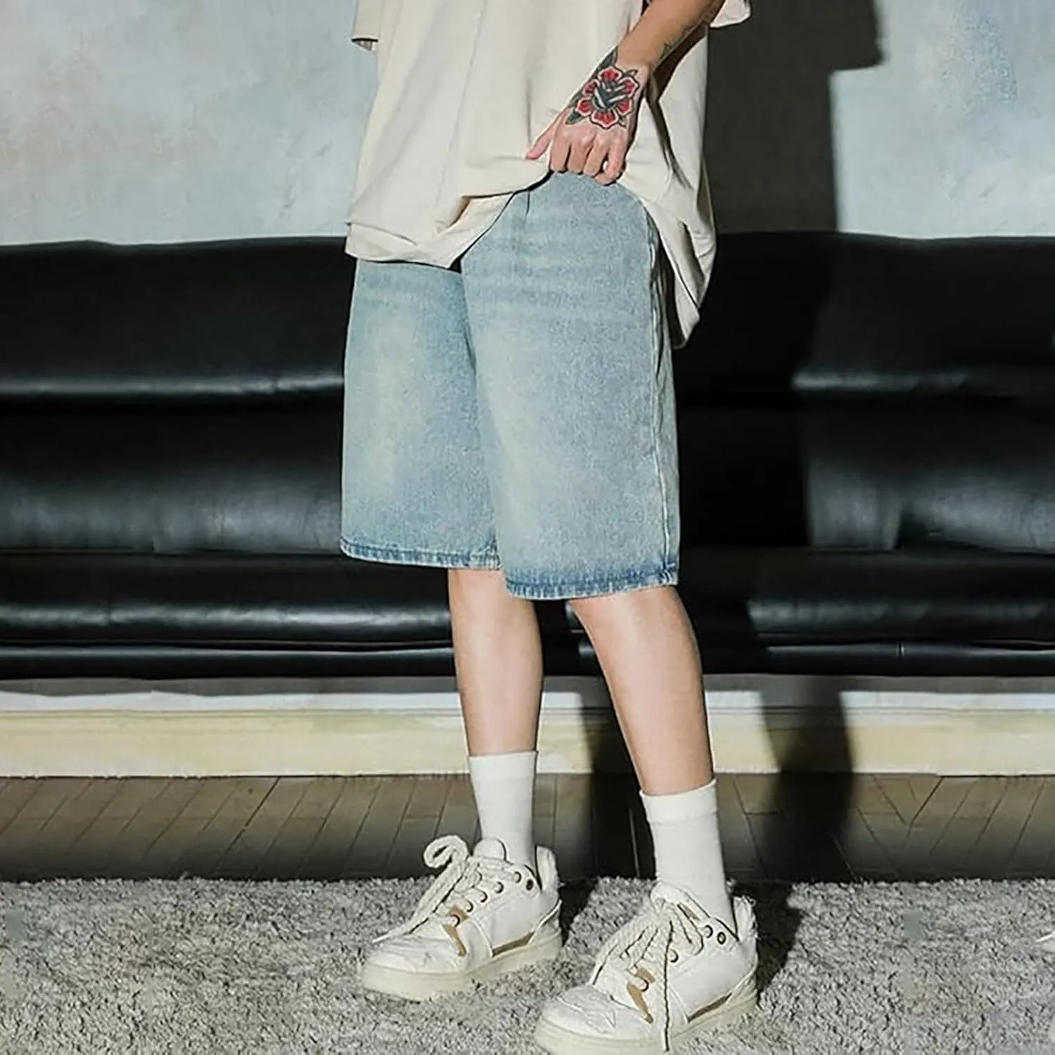 Men's Baggy Jeans Shorts Y2K Wide Leg Loose Hip-Hop Denim Shorts High Waisted Casual Fashion Jorts Streetwear with Pockets