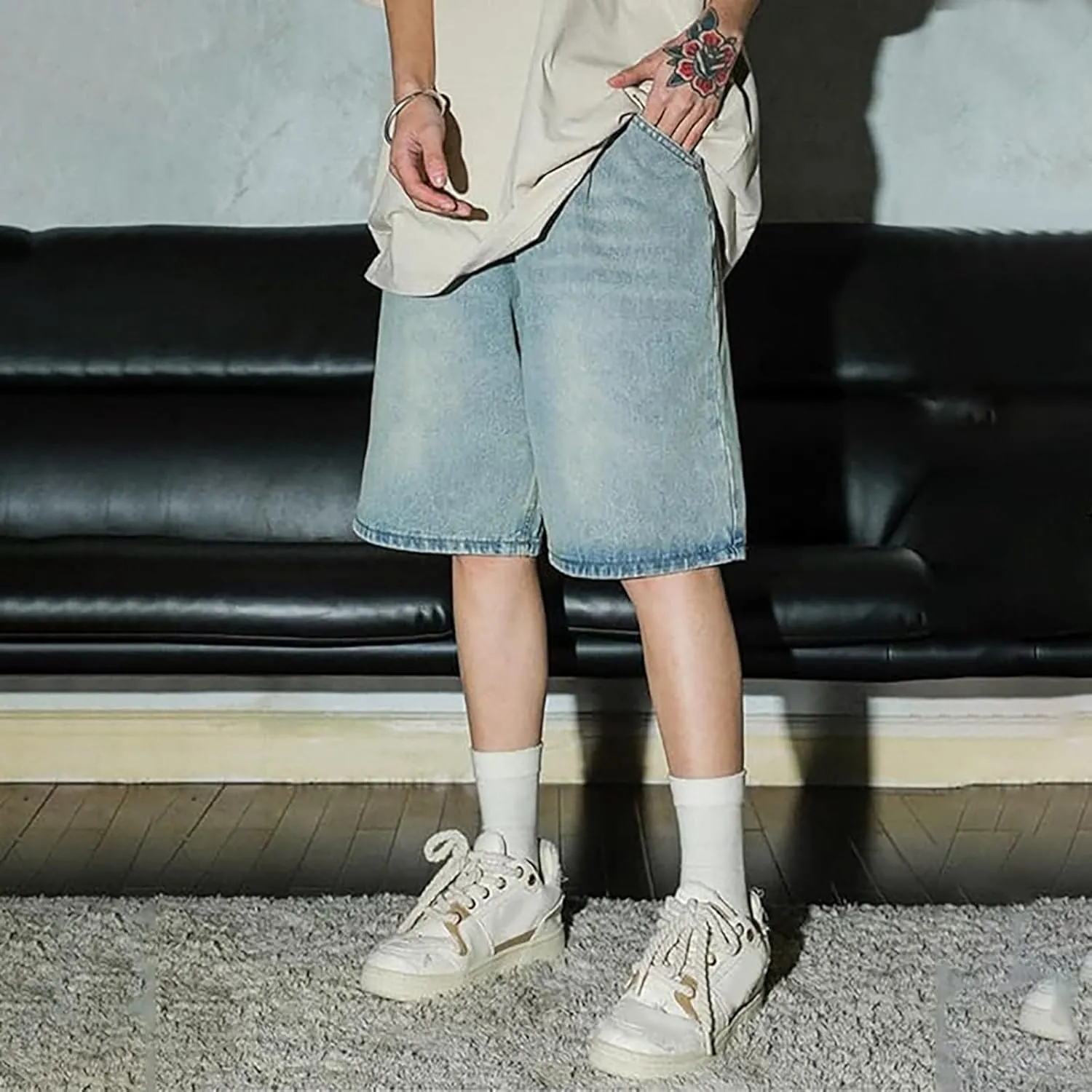 Men's Baggy Jeans Shorts Y2K Wide Leg Loose Hip-Hop Denim Shorts High Waisted Casual Fashion Jorts Streetwear with Pockets