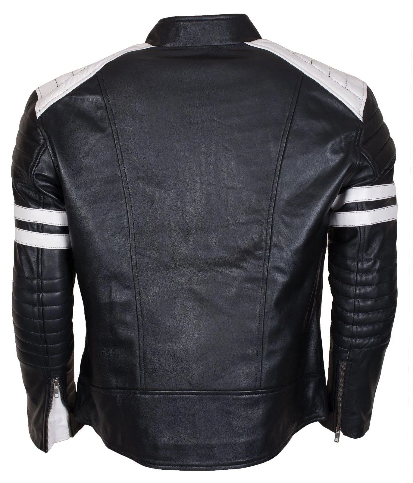 Men's Biker Fashion Black White Padded Genuine Leather Jacket