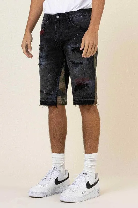 Mens Black Multi Camo Paneled Released Hem Jean Shorts