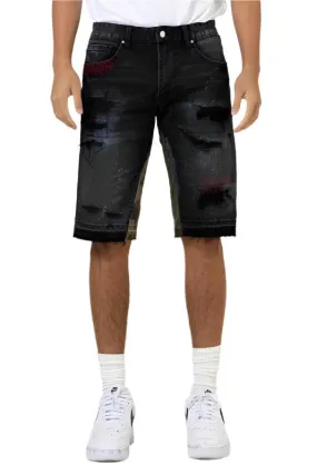 Mens Black Multi Camo Paneled Released Hem Jean Shorts
