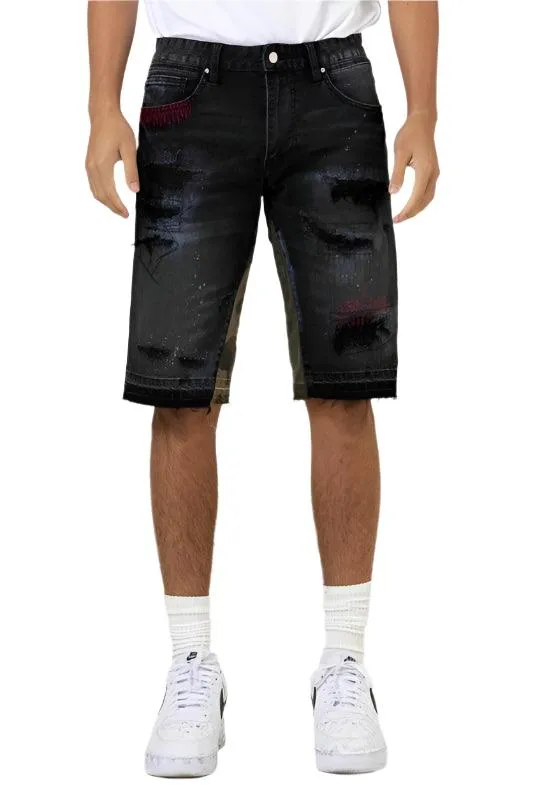 Mens Black Multi Camo Paneled Released Hem Jean Shorts