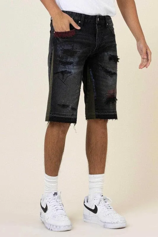 Mens Black Multi Camo Paneled Released Hem Jean Shorts