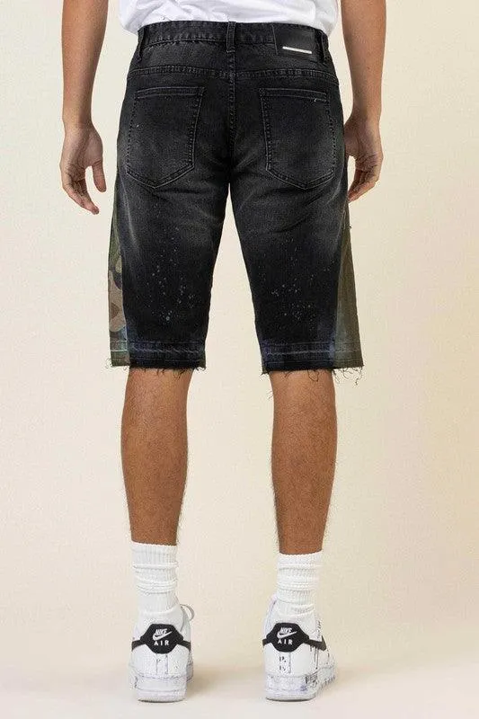 Mens Black Multi Camo Paneled Released Hem Jean Shorts