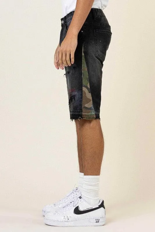 Mens Black Multi Camo Paneled Released Hem Jean Shorts