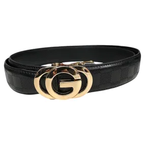 Men's Black Plaid Leather Belt Fancy Design Gold Buckle