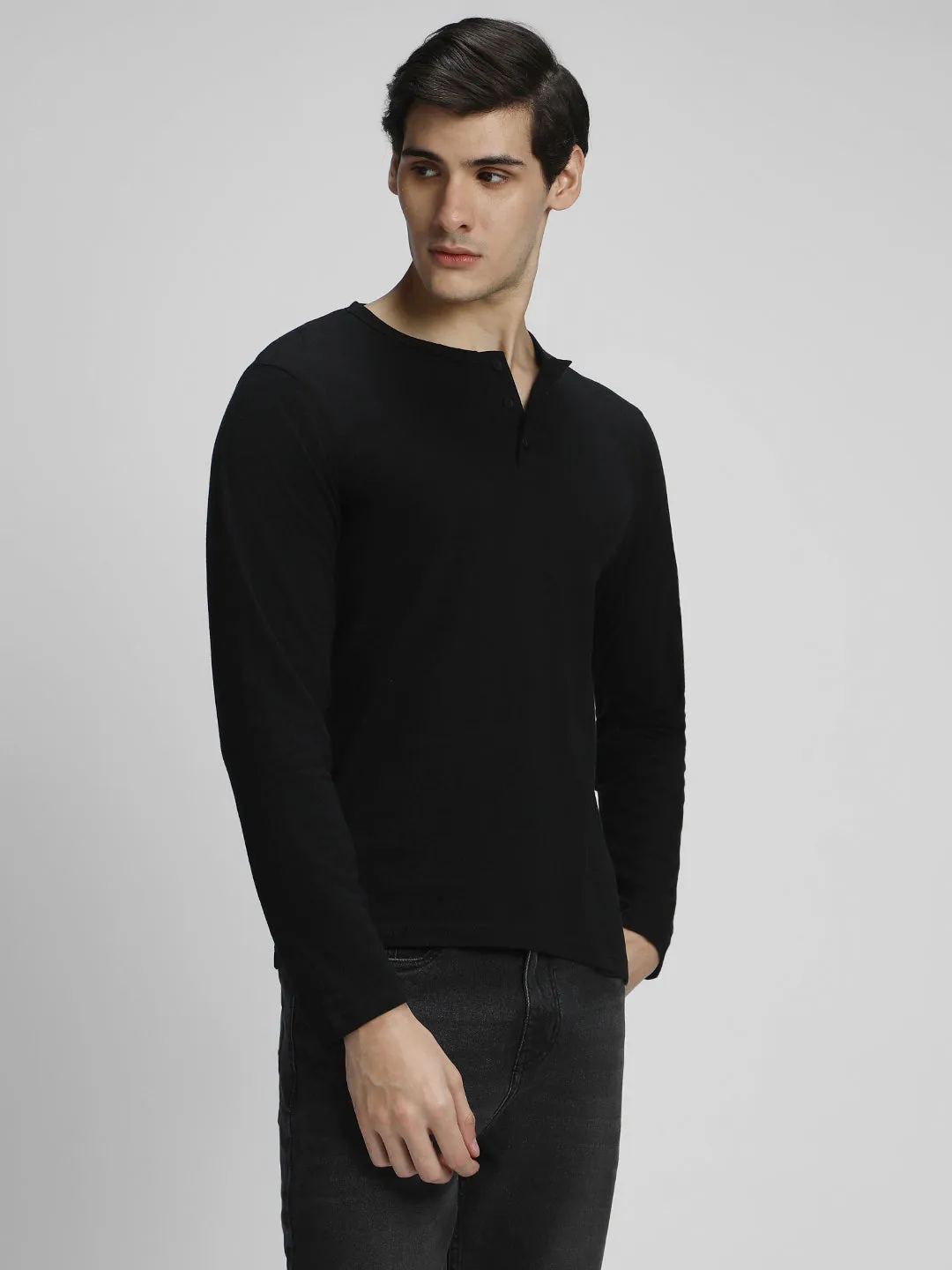 Men's Black Solid Full Sleeves Henley neck Casual T-Shirt