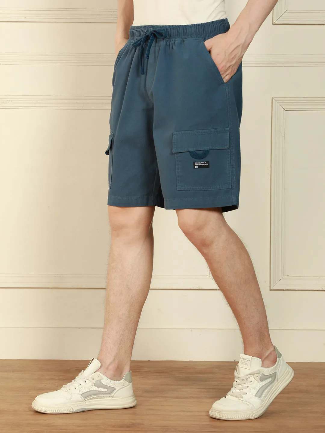 Men's Blue Relaxed Fit Solid Cotton Shorts