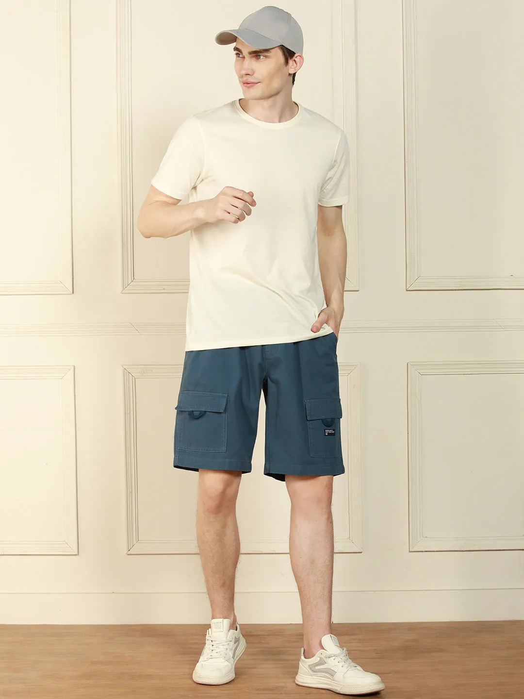 Men's Blue Relaxed Fit Solid Cotton Shorts
