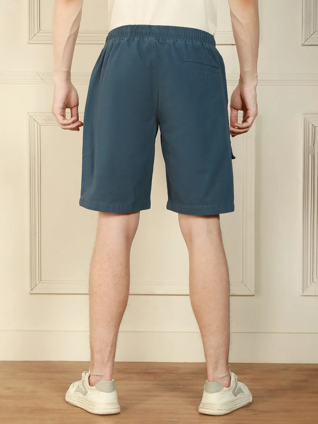 Men's Blue Relaxed Fit Solid Cotton Shorts