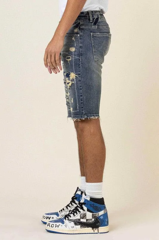 Mens Boro Stitch Heavy Rip And Repair Jean Shorts