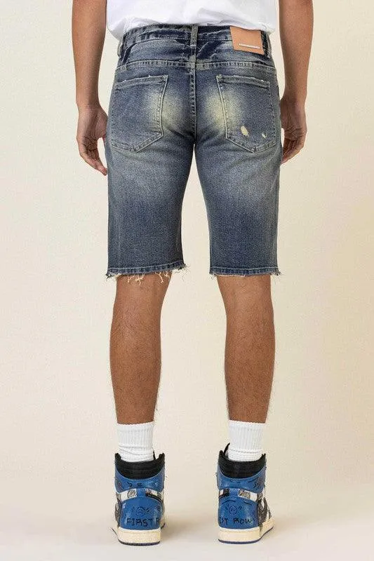 Mens Boro Stitch Heavy Rip And Repair Jean Shorts