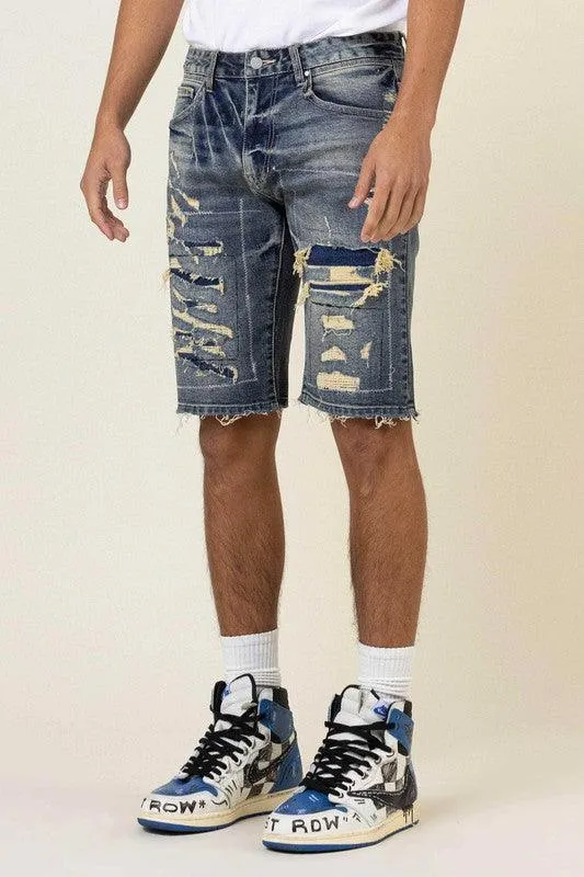 Mens Boro Stitch Heavy Rip And Repair Jean Shorts
