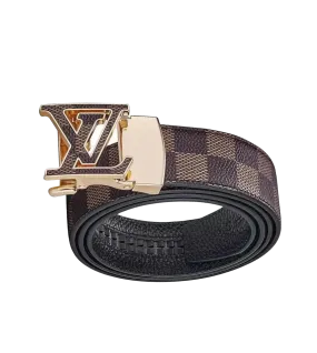 Men’s Brown Plaid Printed Belt Genuine Leather Gold Buckle
