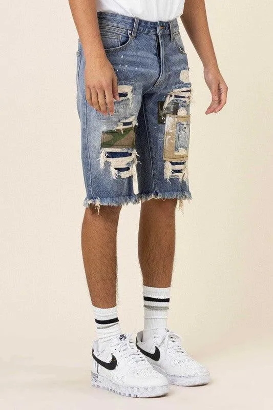 Mens Camo And Twill Patched Rip And Repaired Jean Shorts