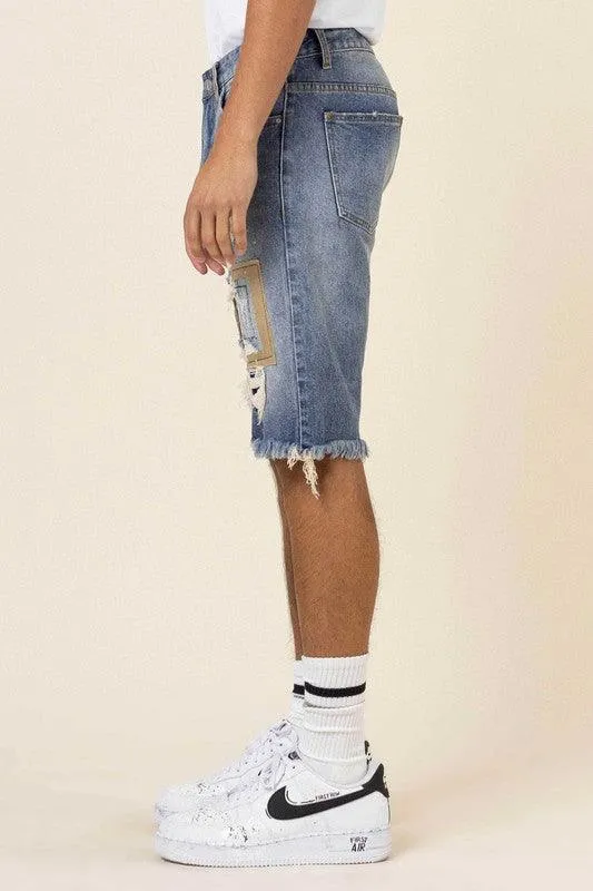 Mens Camo And Twill Patched Rip And Repaired Jean Shorts