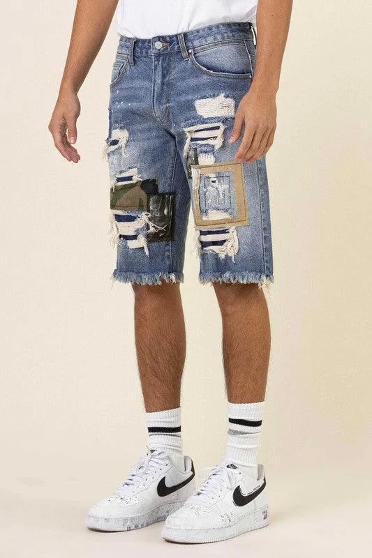 Mens Camo And Twill Patched Rip And Repaired Jean Shorts