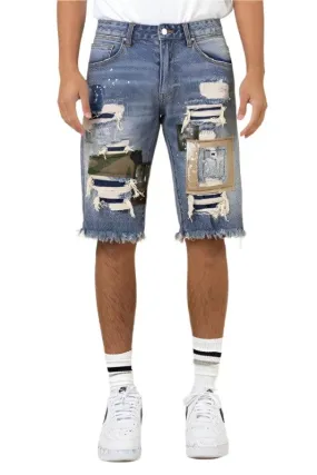 Mens Camo And Twill Patched Rip And Repaired Jean Shorts