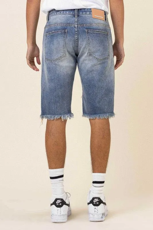 Mens Camo And Twill Patched Rip And Repaired Jean Shorts